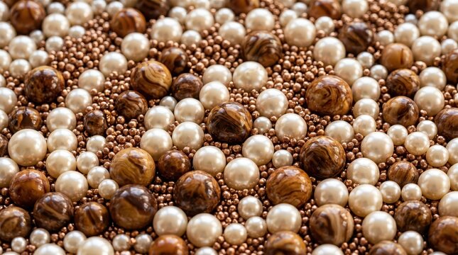 Close packed assortment of round decorative beads and dragees in pearl white, copper and marbled brown tones filling frame, macro still life highlighting texture, pattern and metallic sheen