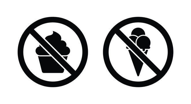 Prohibited cupcake and ice cream icons black and white vector symbols on a white background