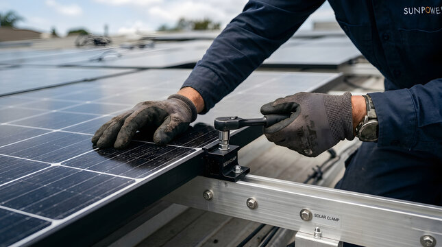 Professional worker installing solar panel modules on a rooftop.