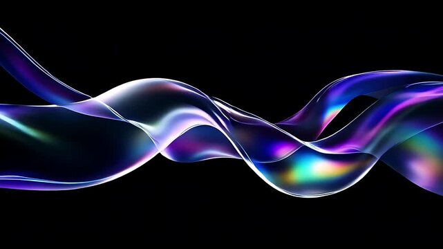 Abstract flowing liquid wave with iridescent colors on a black background.