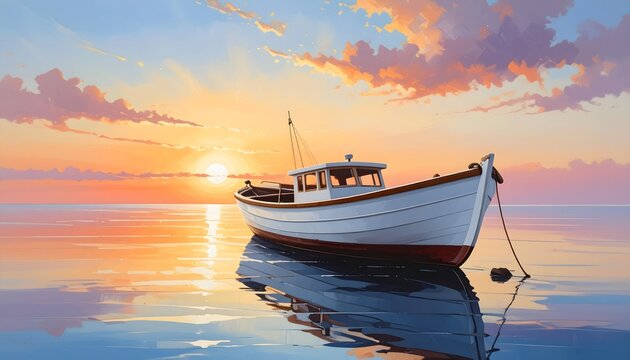 Barca blanca sobre agua tranquila al atardecer con cielo colorido y reflejo luminoso en el horizonte