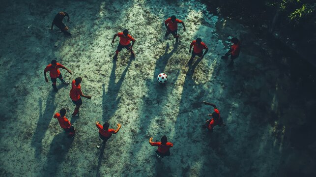 Young soccer players in disappointment after match under dramatic stormy lighting