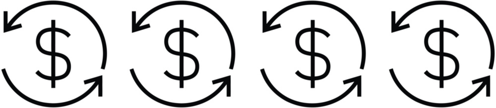 Refund money icon in thin flat outline style featuring money transfer symbols, circular arrows, chargeback concepts, payment reversal, and financial transaction graphics, vector, designs