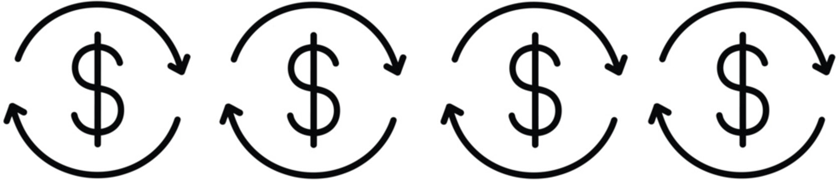 Refund money icon with circular arrow elements in flat outline style for chargeback processing, payment returns, fund transfers, reimbursement services, and financial management systems, vector,