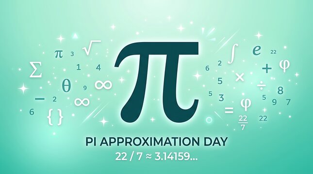 Pi approximation day celebration with pi symbol and floating math symbols on teal