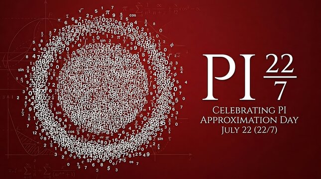 Pi approximation day celebration with mathematical symbols and numbers on red background