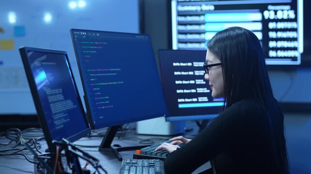 Customer service, asian female IT support engineer wearing headset working on computer code, technical helpdesk, call center, software development, cybersecurity and global corporate communications