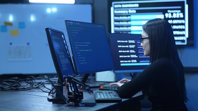 Programmer professional female working on software development, Asian IT developer coding for SaaS platform and cybersecurity network, Modern technology and computer programming business concept