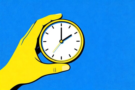 Yellow Hand Holding Clock Against Blue Background