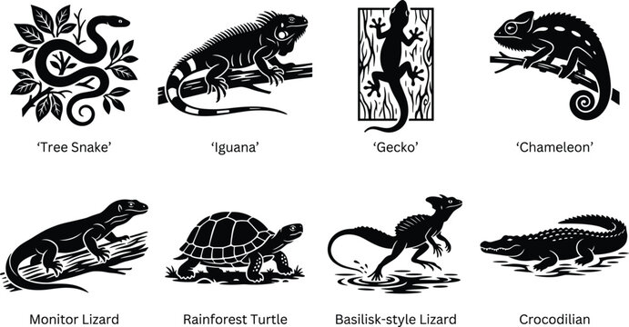 Reptile Silhouette Collection Featuring Snake Iguana Gecko Chameleon Turtle Crocodile and Tropical Wildlife