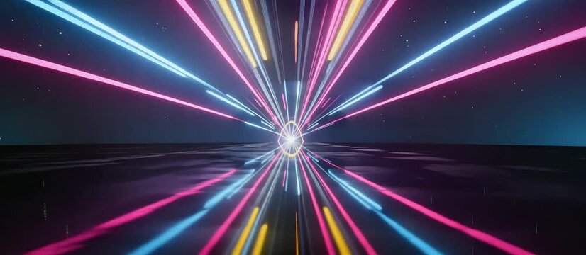 Futuristic neon light tunnel over dark sea with high speed perspective flight motion