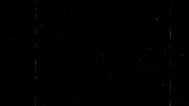 Noise, dirt, grain, dust and scratches on old damage film surface. Tv signal with bad interference, static noise background. Old film look on black background. 4K animation