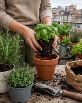 Rempotage de basilic sur un balcon urbain avec herbes aromatiques