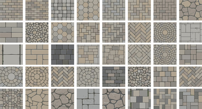Paving Stone and Pavement Texture Seamless Vector Pattern Set for Walkways, Patios, Architectural Top-Down Layouts, and Urban Landscape Design Components