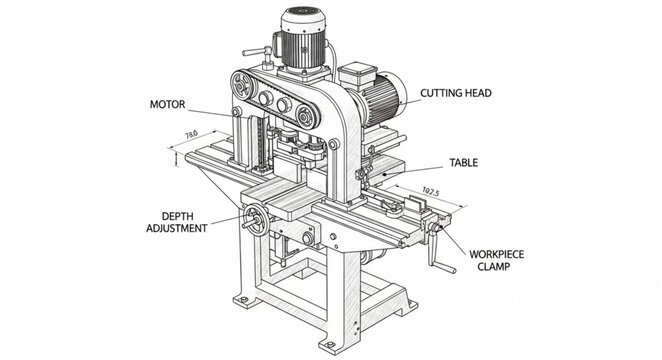 A detailed illustration of an industrial cutting machine with labeled components in an industrial setting from an engineering viewpoint showing the motor, cutting head, table, and mechanics clamp.