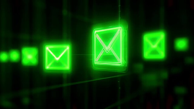 Abstract digital background with glowing green mail icons representing electronic communication and data transmission.