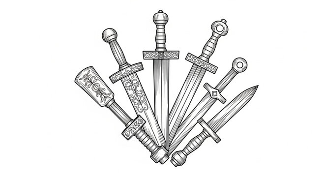 Collection of medieval swords and daggers.