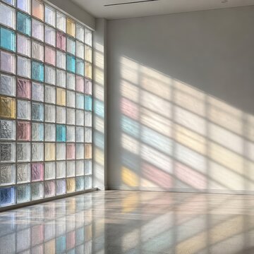 Lumi&egrave;re douce traversant des briques de verre dans un espace minimaliste
