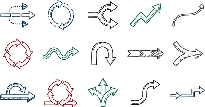 Hand Drawn Infographic Arrow Icon Set with Process Loops Split Directions Curve and Growth Flowchart Vector Symbols