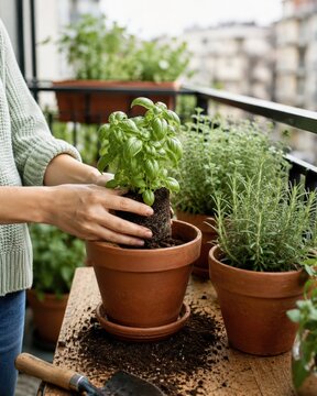 Jardin d&rsquo;herbes aromatiques sur balcon urbain ensoleill&eacute;