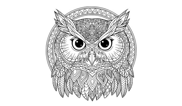 Ornamental Owl Portrait Adult Coloring Page with Zentangle and Paisley Details Vector