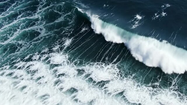 Powerful Ocean Wave Aerial Top-Down View of Crashing Blue Water with White Sea Foam ideal for Nature Documentaries or Travel Backgrounds.