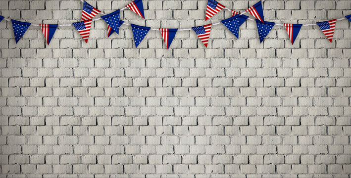 4th of july Independence Day template for 250th anniversary, retro wallpaper in USA flag color with empty old brick wall background and party pennant, vintage festive concept, wide panoramic banner.