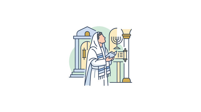 Man in Prayer Shawl Near Menorah and Ark