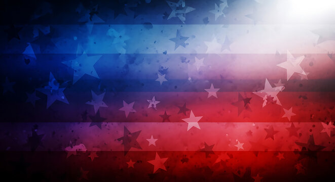 Abstract background, featuring the american, flag colors of, red, white, and, blue with a, pattern of stars, and stripes, glowing, light, and grunge texture