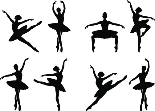 Silhouettes of ballet dancers in various poses, black on white background