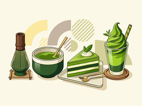 Matcha Green Tea Dessert Set Illustration with Cake, Latte, and Traditional Whisk on Abstract Background