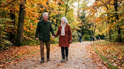 Fototapeta premium Autumn stroll between couples city park lifestyle photography vibrant nature warm atmosphere joyful connection
