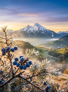 Juniper berries on a branch with a beautiful mountain landscape in the background