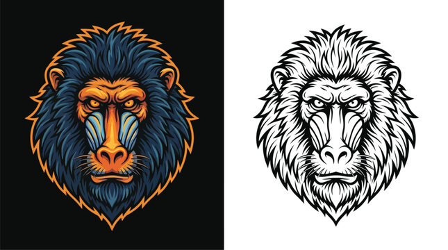 A striking illustration of a baboon's face, showcasing its vibrant colors and detailed fur texture, presented in both a colorful and a monochrome version.