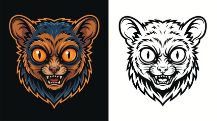 Obraz premium Intense stylized tarsier head illustration with large orange eyes and bared teeth, presented in vibrant color and a monochrome outline version.