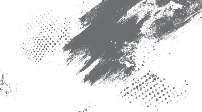 Grayscale abstract brush strokes and halftone dots scattered across a white background texture grunge