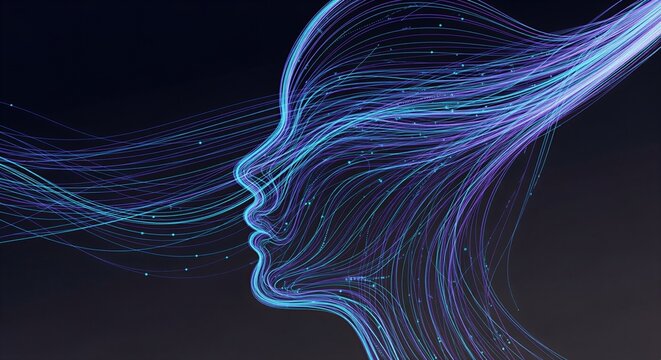 A futuristic digital illustration of a human face with glowing blue lines