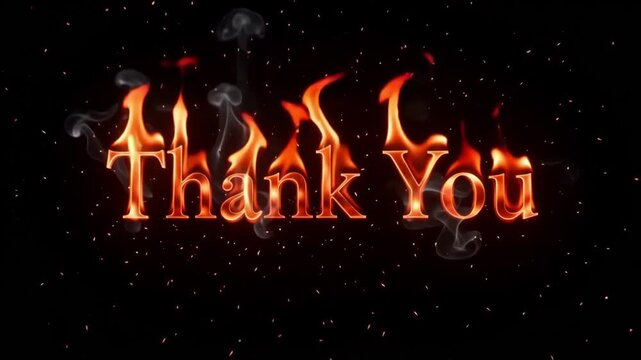 Thank you text burning with intense bright orange flames and swirling grey smoke rising against a deep black background in this high quality 3D motion graphic animation clip showing the powerful conce