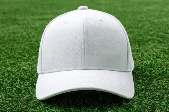 White baseball cap resting on vibrant green grass in a sharp focus macro shot for apparel branding and sports marketing