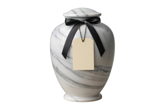 White marble funeral urn with a black ribbon and a blank beige paper tag for memorial services isolated on a black background