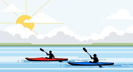 Naklejka premium Kayakers on Lake Silhouette: Outdoor Recreation Scene