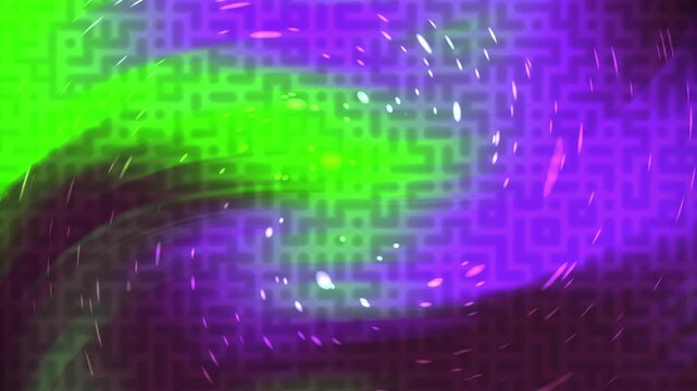 Abstract purple and green swirling background with maze pattern and glowing particles.