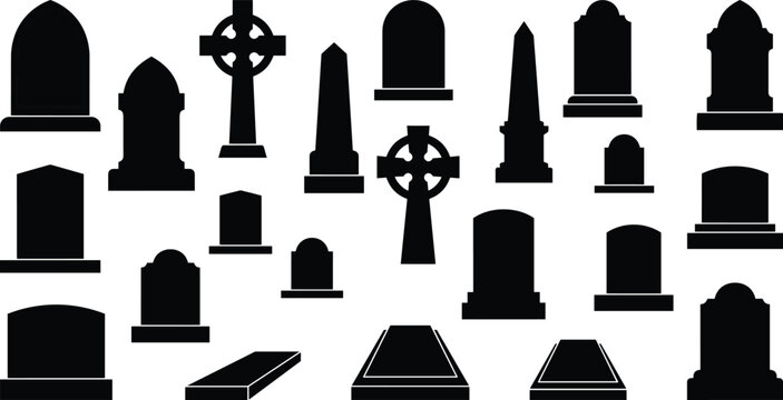 Black silhouettes of various tombstones and celtic crosses on white background, gravestones headstones
