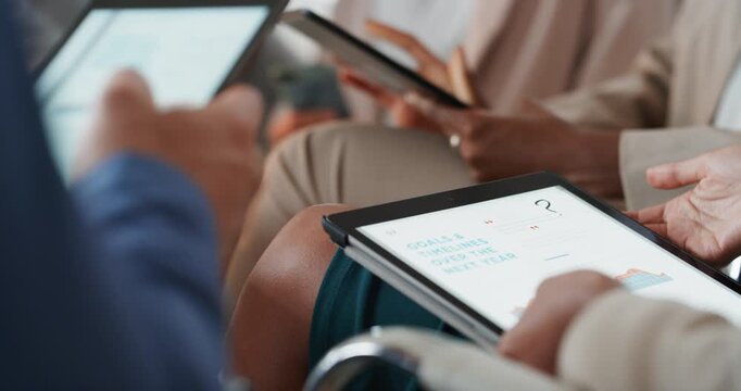 Hands, tablet screen and business people in office for investment, timeline and goals proposal. Collaboration, discussion and financial management team with data sharing for revenue and partnership