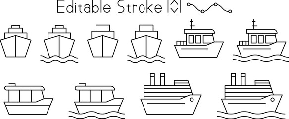 Obraz na płótnie Canvas Modern ship and boat icon collection with editable stroke outlines. Includes cargo vessels, marine transport, fishing boats, cruise ships, and ocean transportation concepts for web and app design.