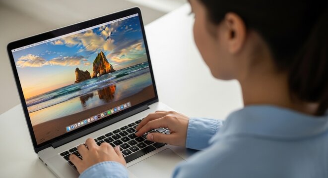 A person using a laptop with a beach scene on the screen.