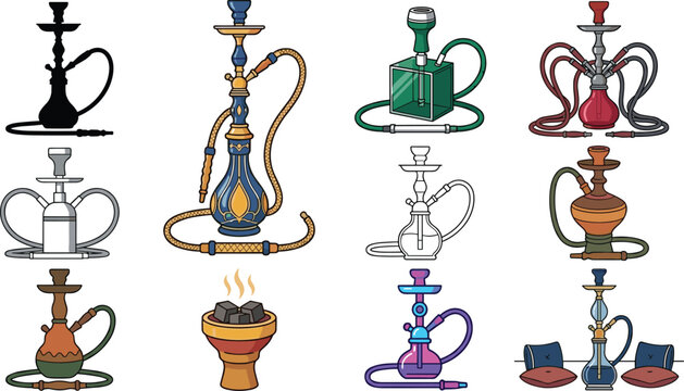 Hookah Collection with Traditional Water Pipes, Shisha Smoking Devices, Lounge Accessories, and Decorative Vector Illustrations