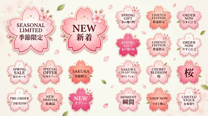 Japanese Spring Sakura Cherry Blossom Festival Promotional Sticker Sheet Collection Featuring Pink Petal Shaped Retail Badges Elegant Typography and Sales Labels © Colourfull