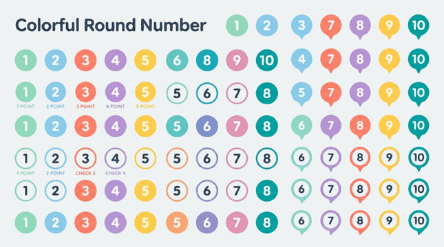 Colorful Round Number Icon Asset Sheet Featuring Flat Design Multi Colored Circular Badges Point Markers and Numerical Drop Pins From 1 To 10