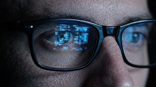 Person wearing spectacles reflecting blue code. Human eye watching data. Digital lines blinking inside.